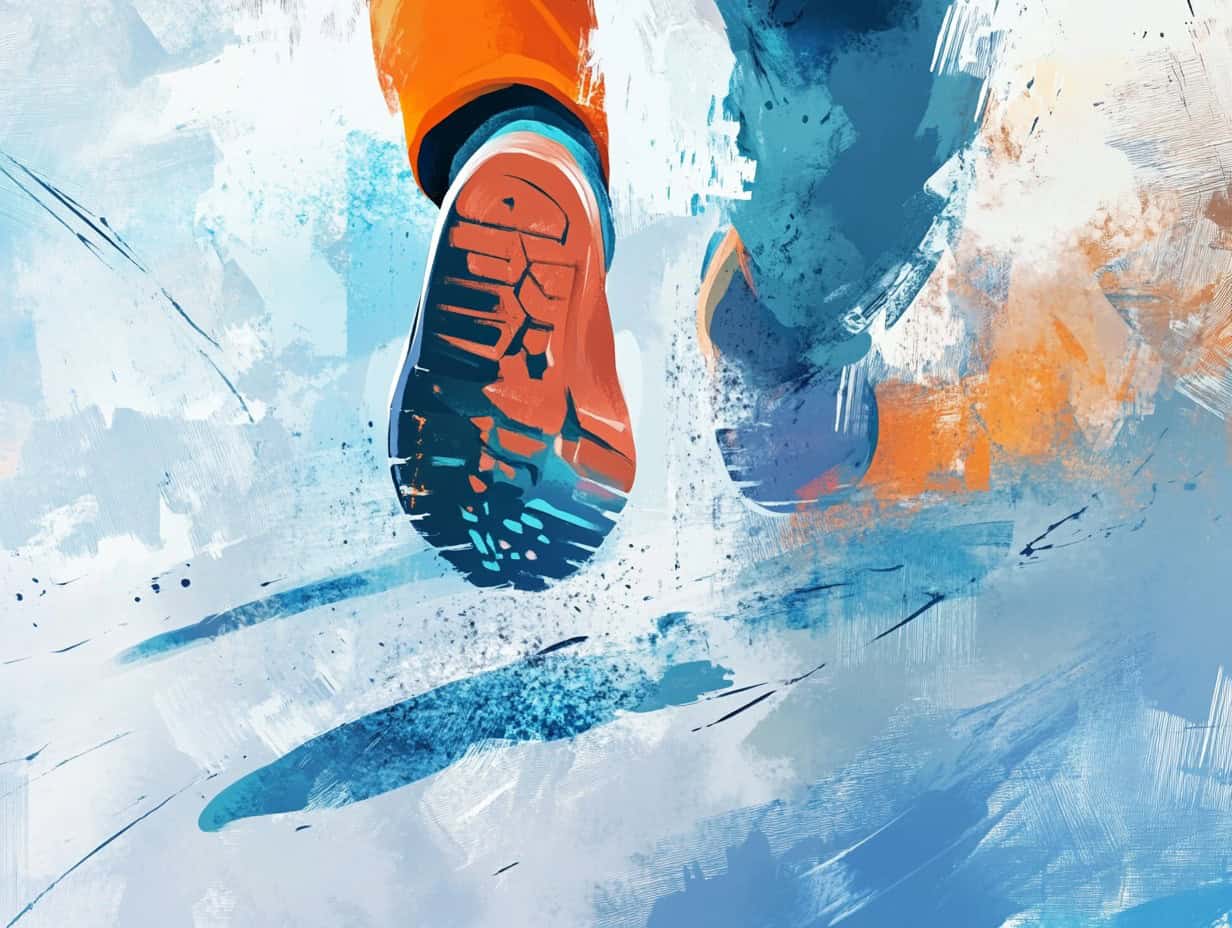 digital close protection soccer player corma- Illustration of a person running, showcasing the soles of their shoes against an abstract, colorful background. This vibrant artwork captures the energy akin to digital security for soccer clubs, where innovation meets dynamic movement on and off the field.