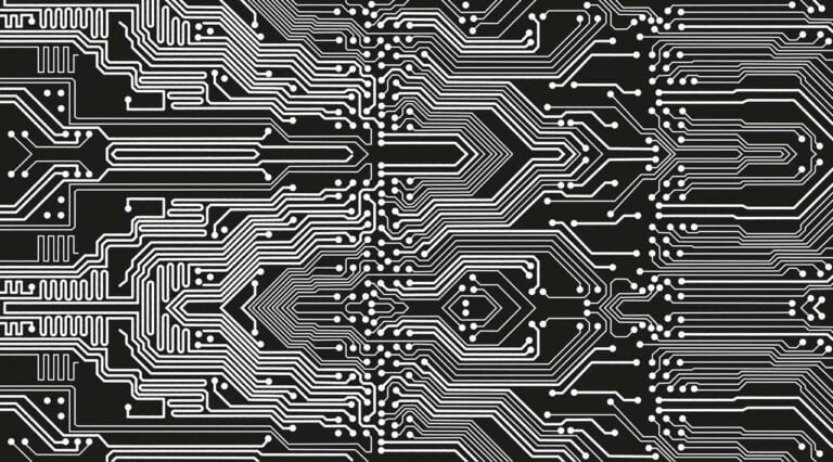 corma- A black and white circuit board pattern suitable for a background check on potential business partner.