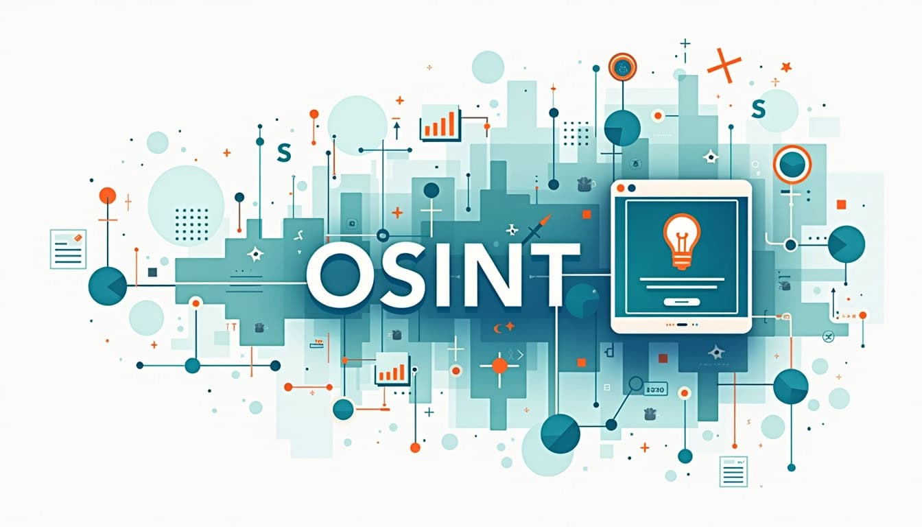 corma- Illustration of "OSINT" with a digital interface motif, featuring various data icons, charts, and a light bulb symbol on a screen, depicting the concept of Open Source Intelligence.